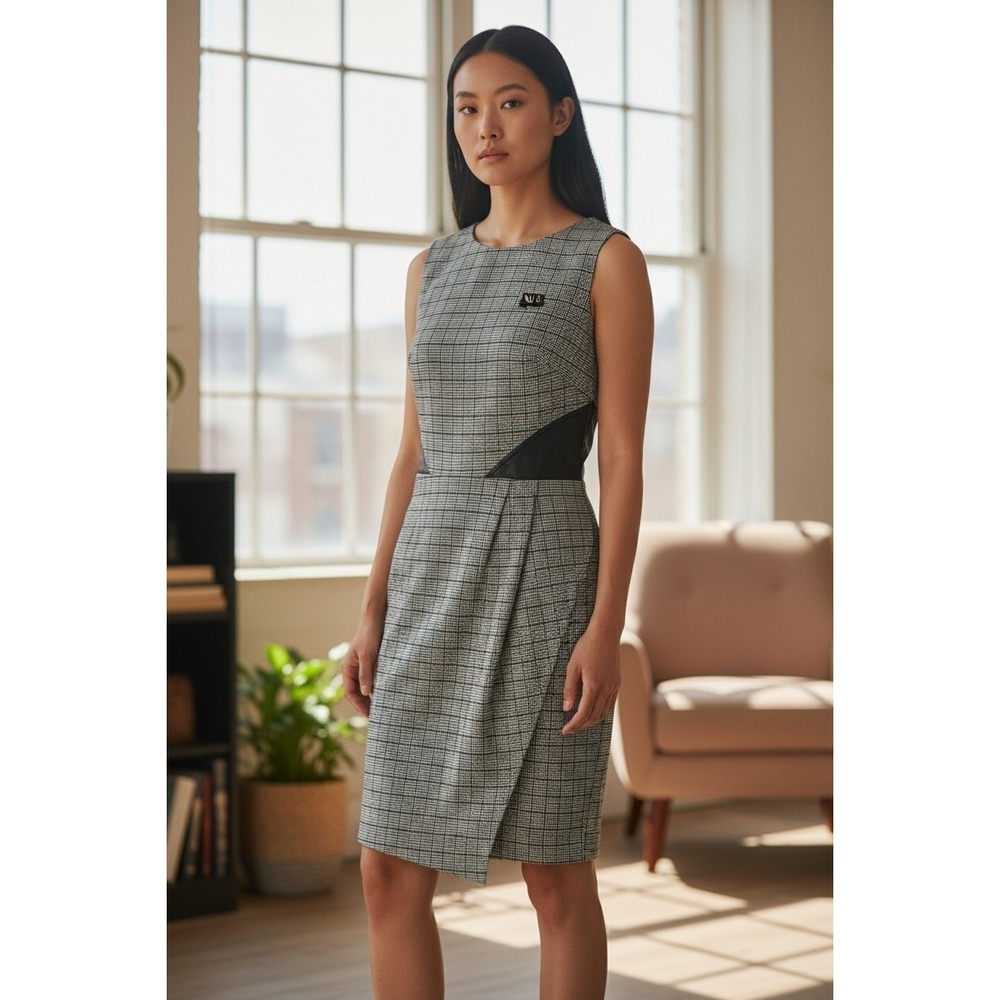 Cocktail Houndstooth Career Midi Dress Size 10 Faux Wrap Built In Shapewear